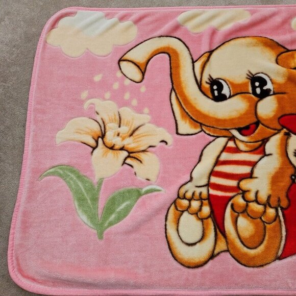 VTG Pink Blanket Elephant Watering Flower Mouse Throw Lap Acrylic Brown Red - Picture 2 of 7